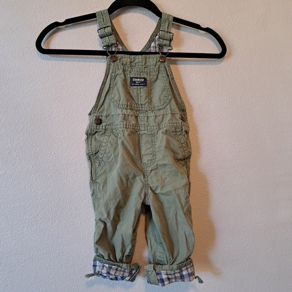 OshKosh Bgosh Toddler Boys Olive Green Plaid Lined Canvas Overalls 24M